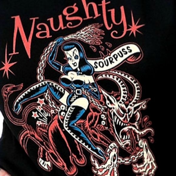 Sourpuss Naughty Natasha Fatale Riding Krampus Christmas Monster Tattoo Art Top - Picture 2 of 5
